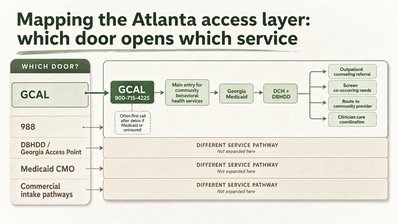 Clarify which Georgia access door routes to which service, matching the section's explicit comparison of GCAL, 988, DBHDD/Georgia Access Point, Medicaid CMO, and commercial intake pathways