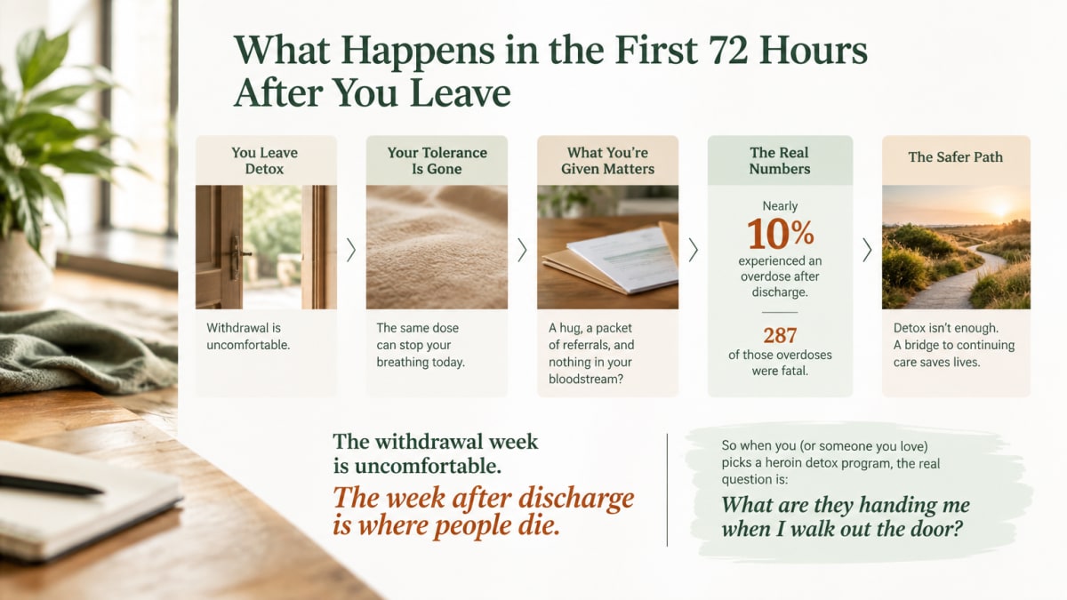 Infographic showing post-discharge risks of a heroin detox program, including 10% overdose rate