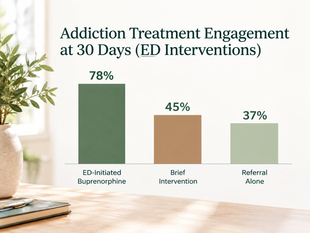 Bar chart comparing 30-day treatment engagement after heroin detox: buprenorphine 78%, brief intervention 45%, referral 37%